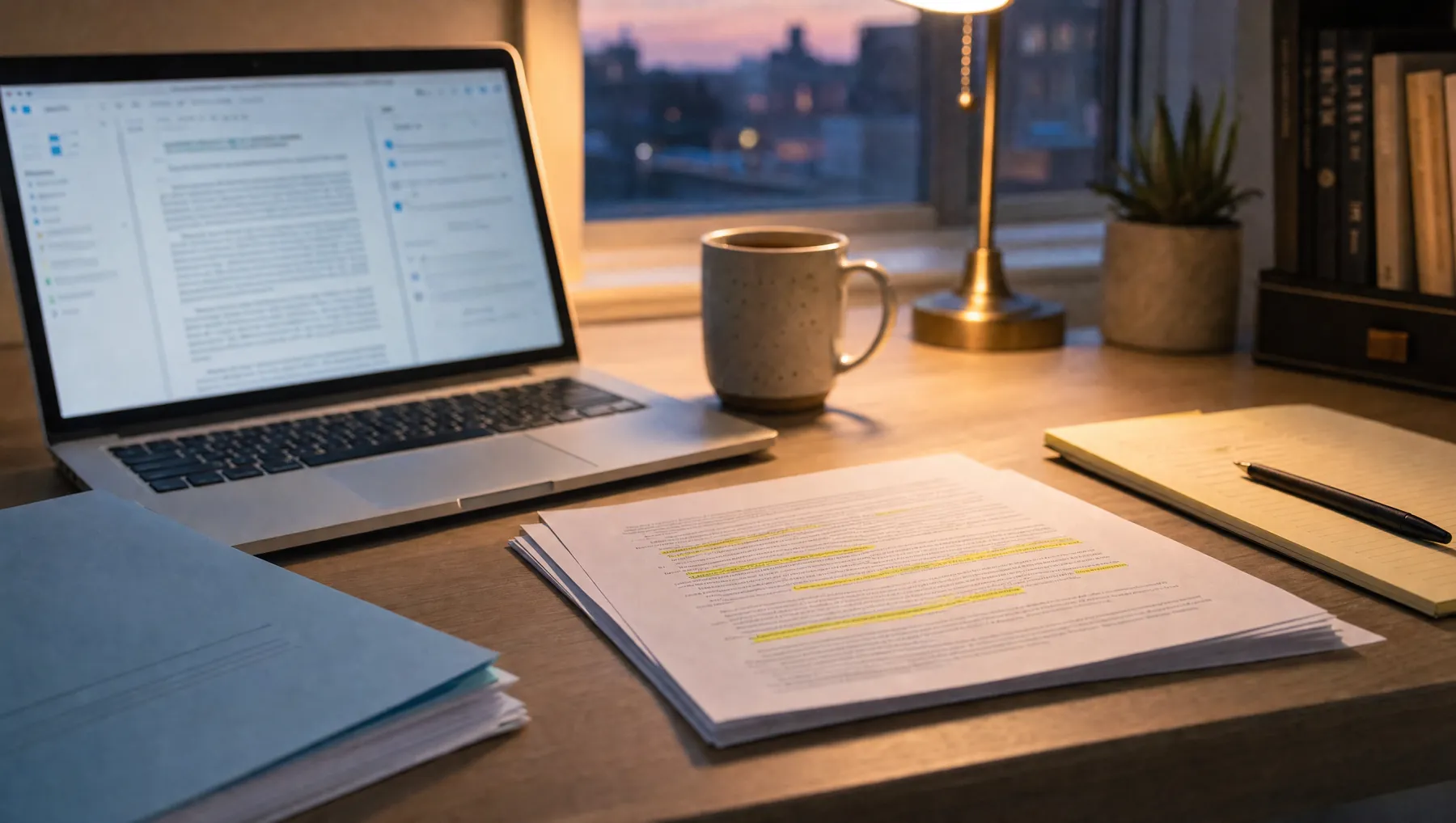 A paralegal's desk in the evening: a MacBook, a printed brief with a pale blue cover and highlighted pages