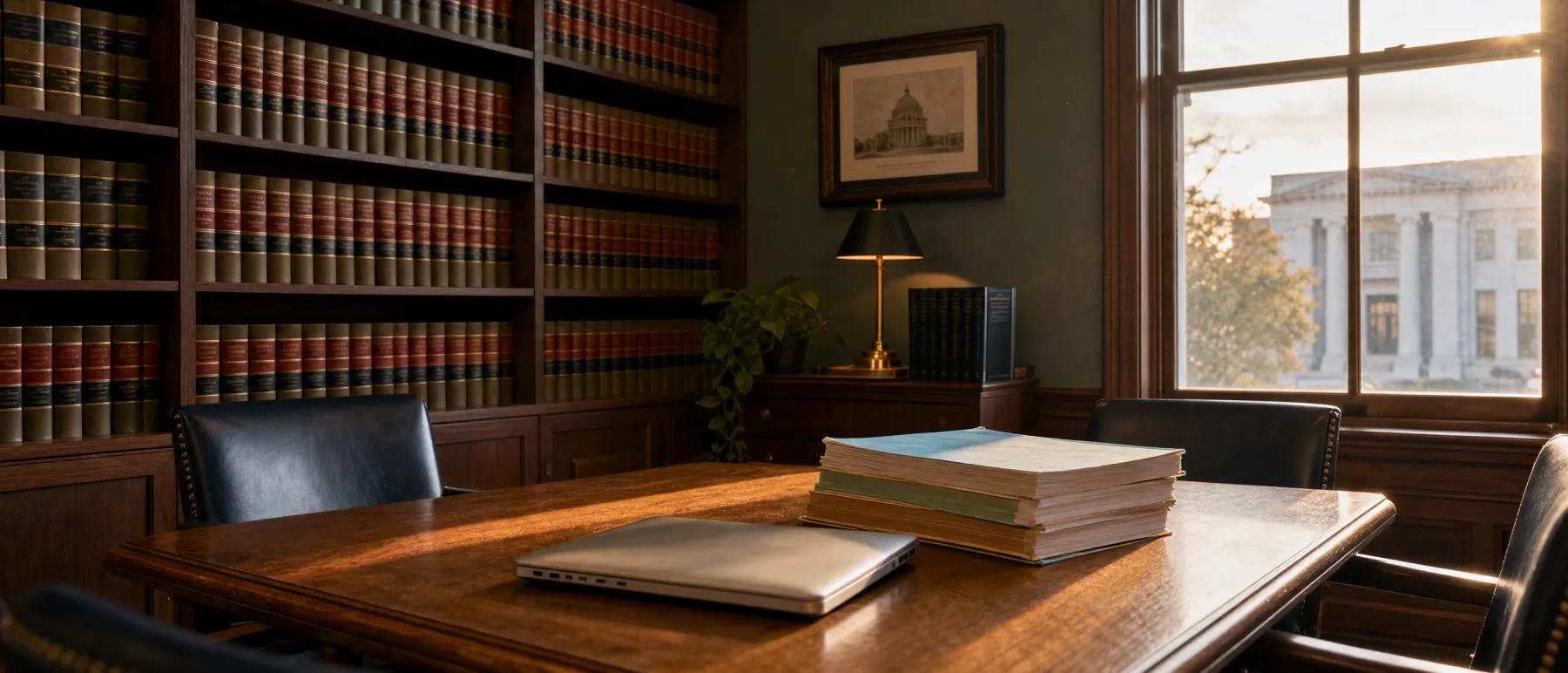 A quiet law office library at golden hour with bound reporters and briefs