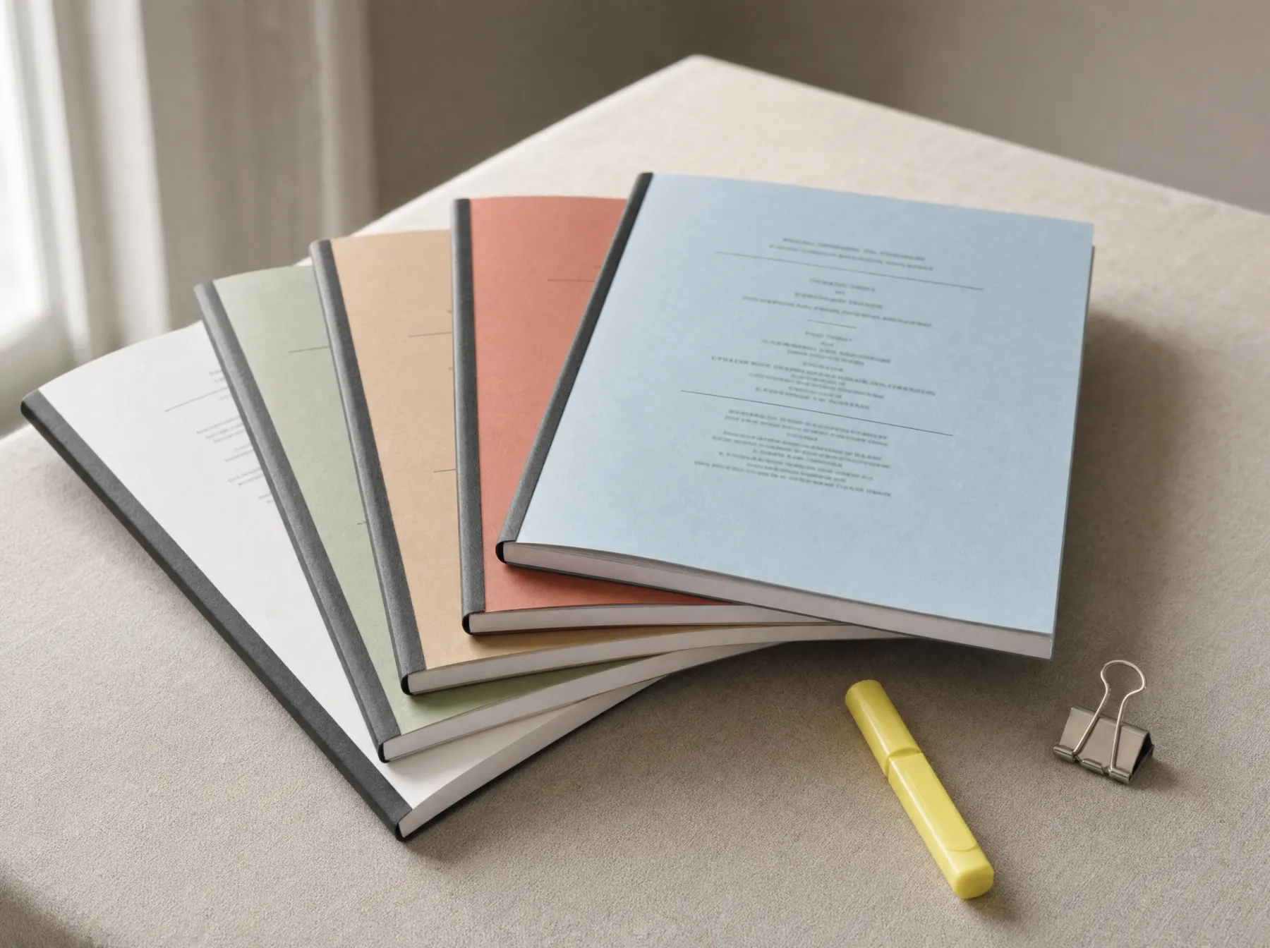A fanned stack of appellate briefs with pale blue, red, tan and green card covers